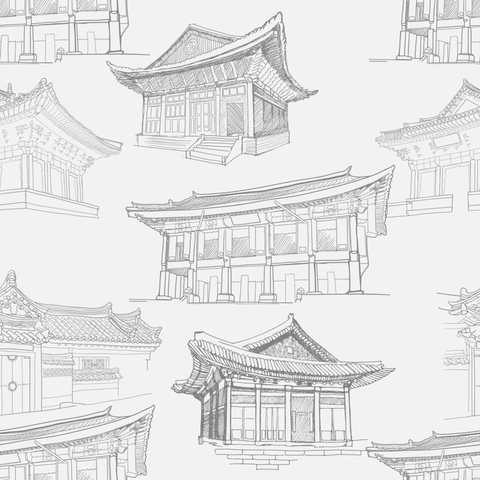 patrones sin fisuras con palacios coreanos, casas tradicionales hanok. vector