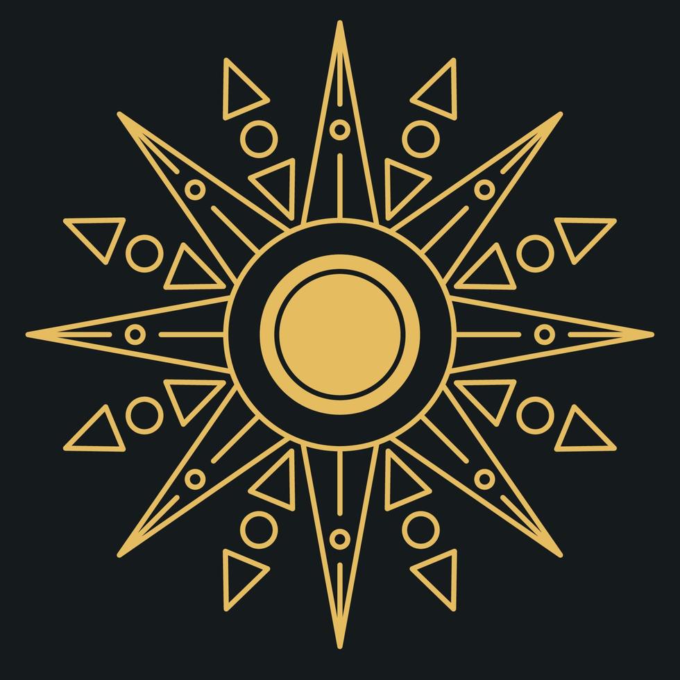 Golden abstract sun with rays on a black background. Minimalistic vector image