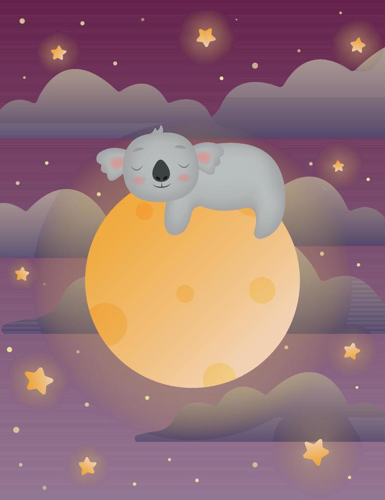 Koala in space sleeping on the shiny moon, cosmic background with clouds and stars. Cute sleeping koala on the moon at starry night. Vector illustration for little kids and children