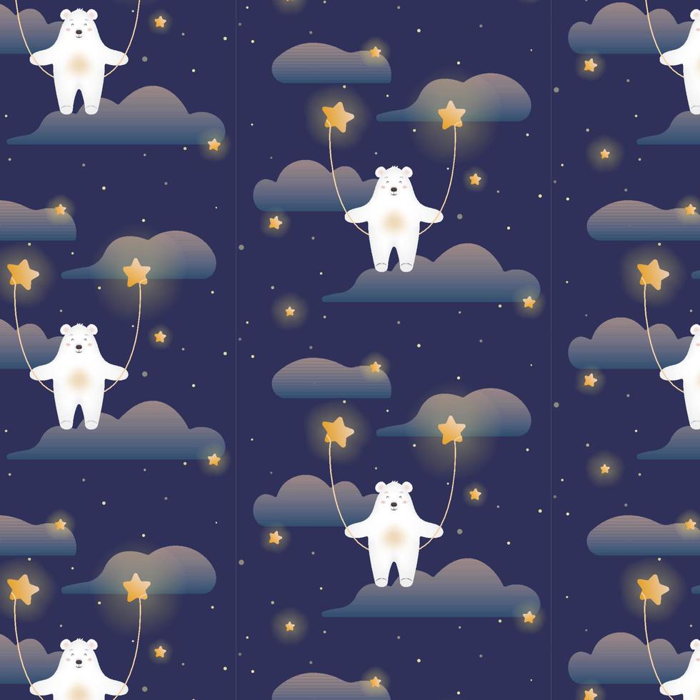 Cute polar bear in space rides on a swing on the shiny stars, cosmic seamless pattern with clouds and stars. Vector space pattern for little kids and children