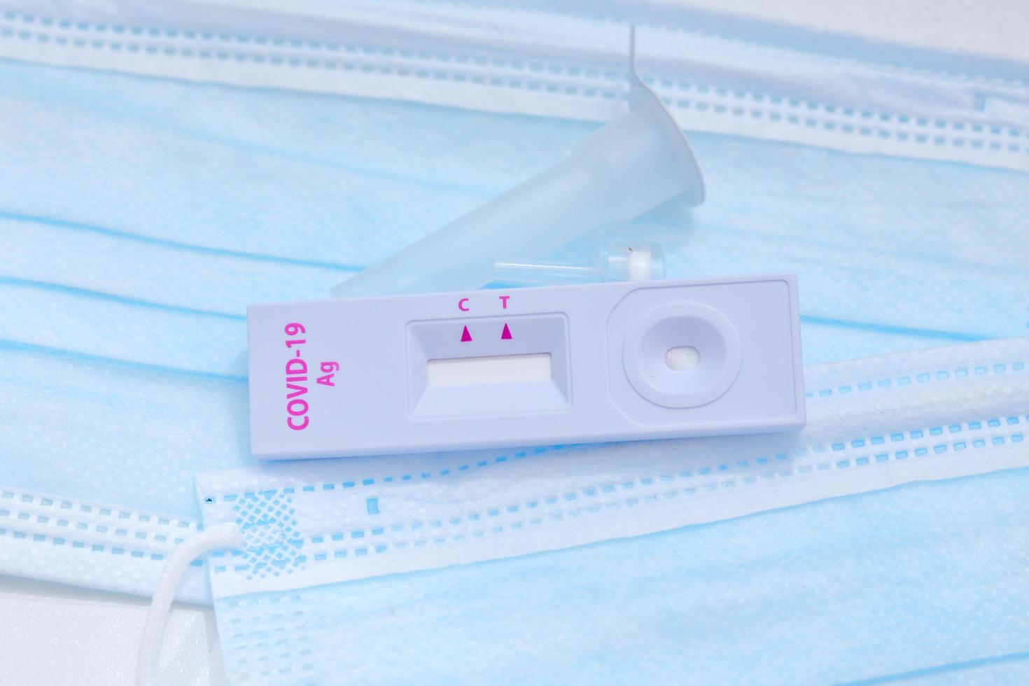 Closeup of a Corona virus disease. Healthcare kit for test COVID-19 Rapid antigen  ,Quick Detection Testing , Comfortable for test at home by self. photo