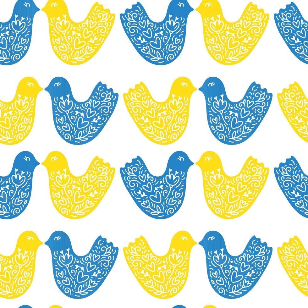 Vector ukrainian seamless pattern with Funny yellow and blue chickens bird on white background. Illustration for design, baby textile and print