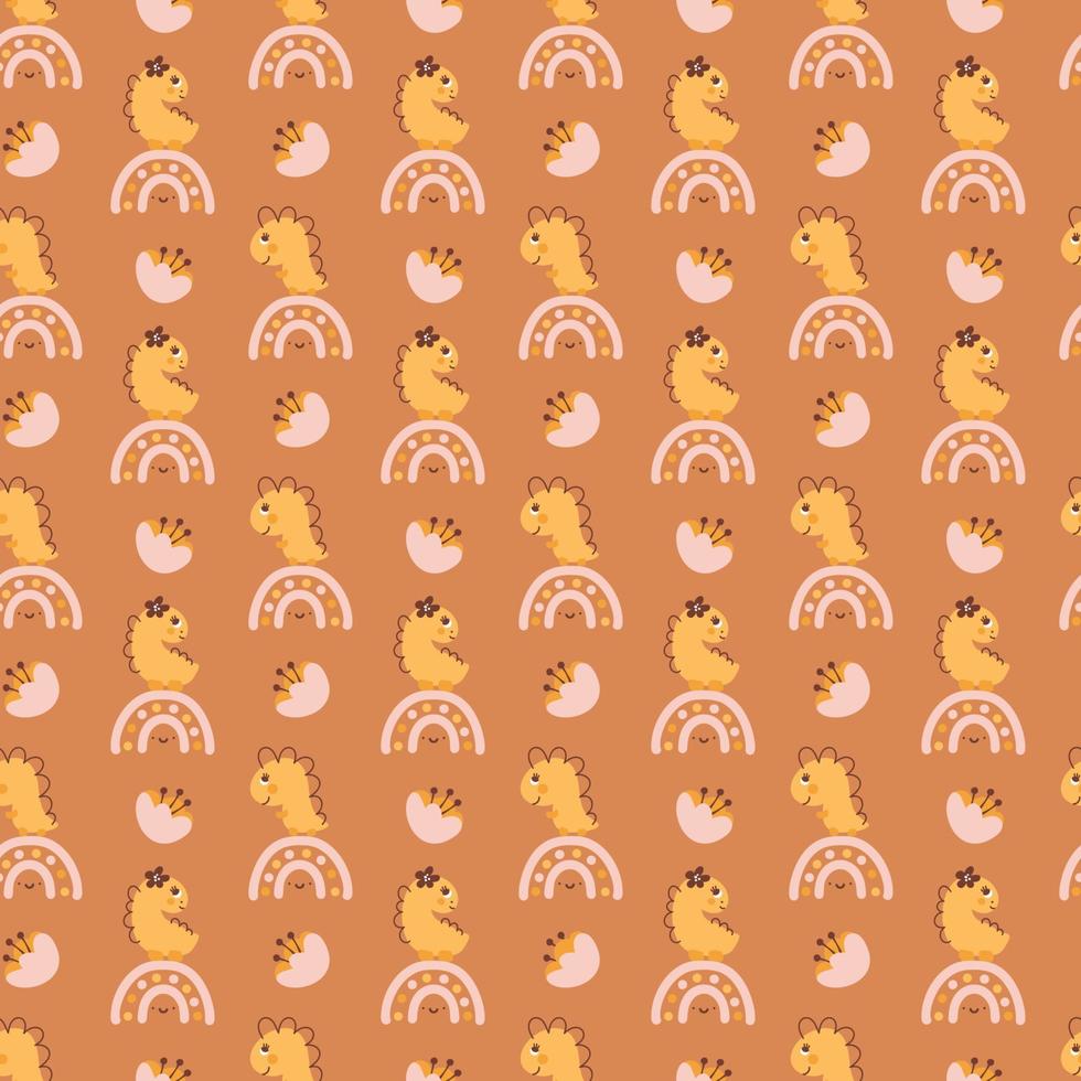 Cute vector kids seamless pattern with hand drawn girl dino, flower and rainbow on brown background. Creative childish illustration for fabric, textile