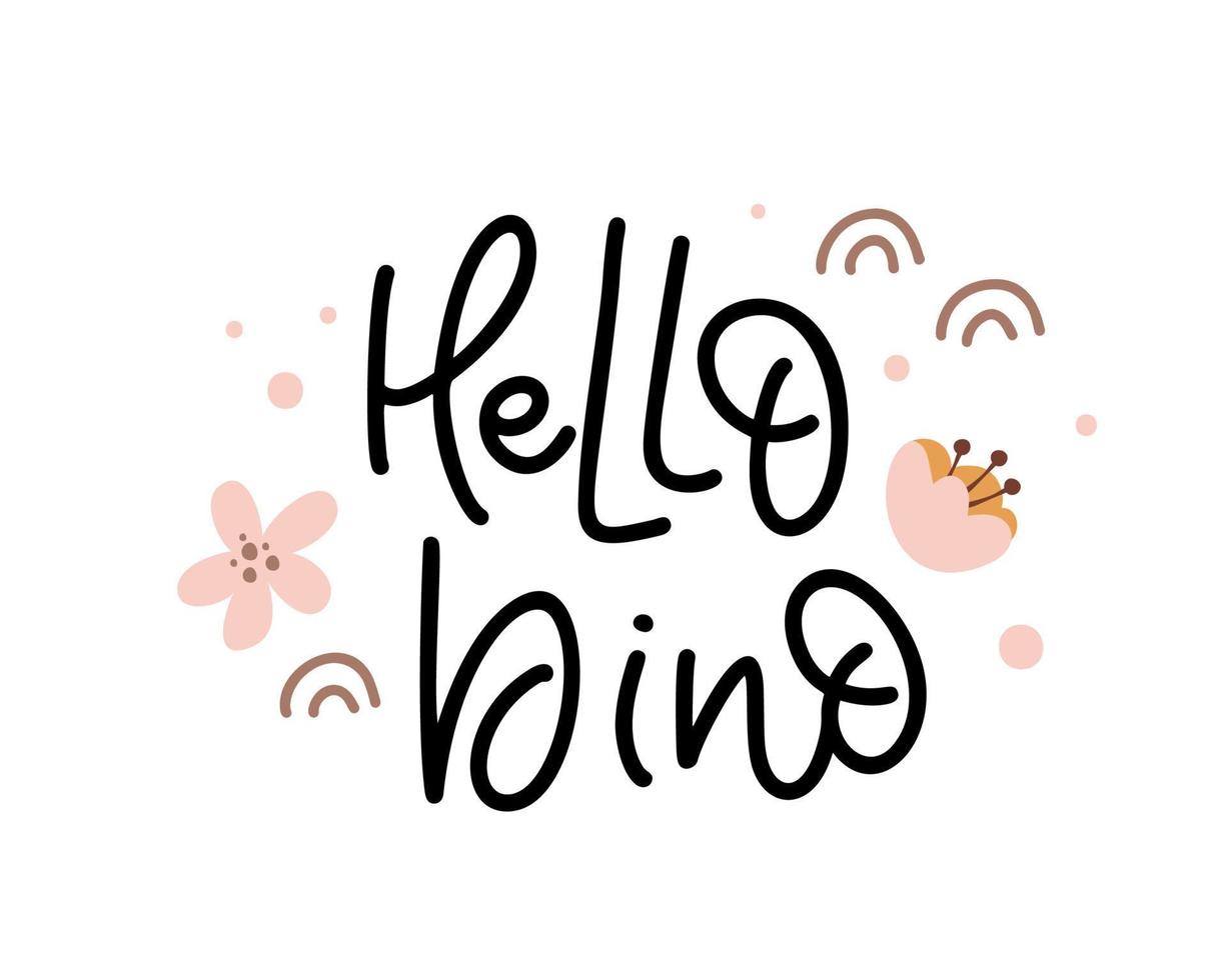 Vector hand drawn girl monoline text Hello Dino with flowers and ...