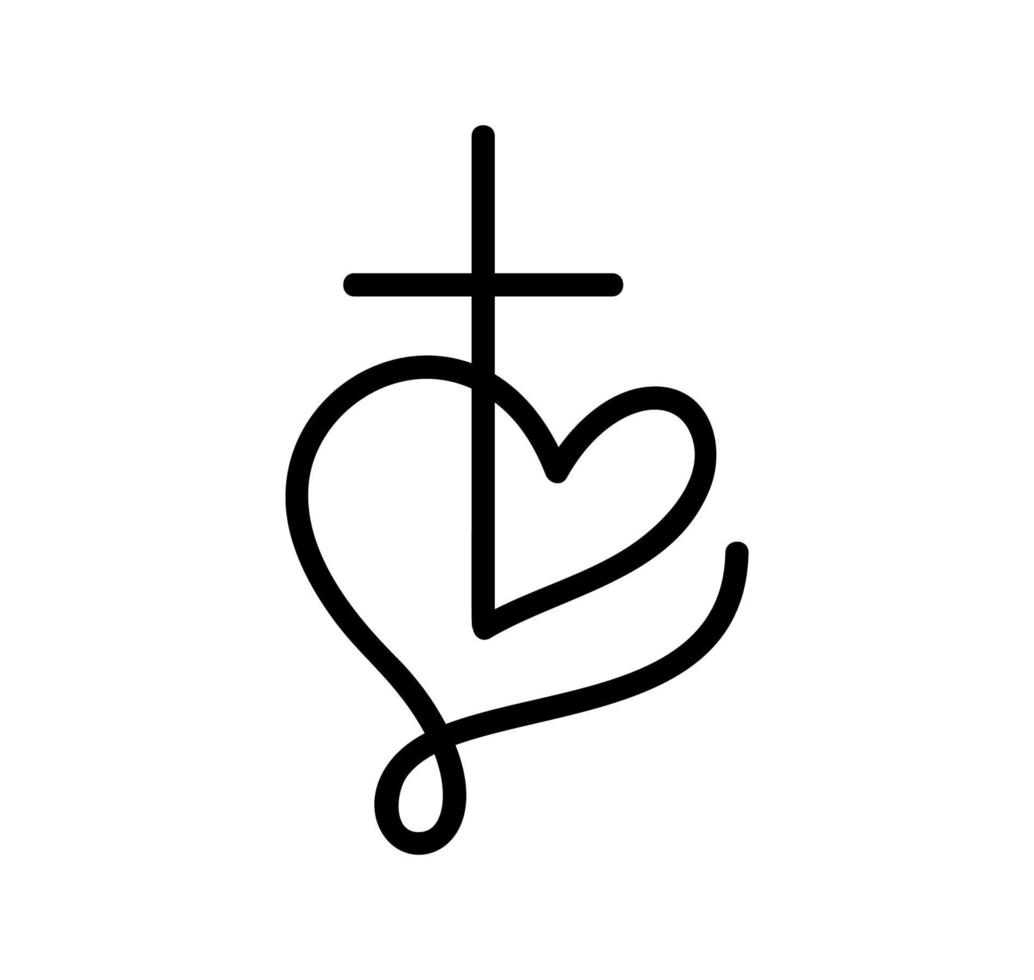 Monoline black Vector Christian logo Heart with Cross. Isolated on Background. Hand Drawn Minimalistic religion icon symbol love