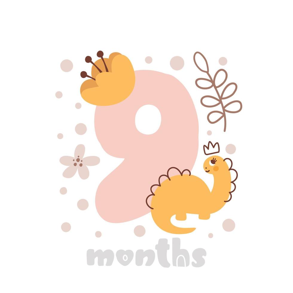 9 nine months anniversary card. Baby shower print with cute animal dino and flowers capturing all special moments. Baby milestone card for newborn girl vector