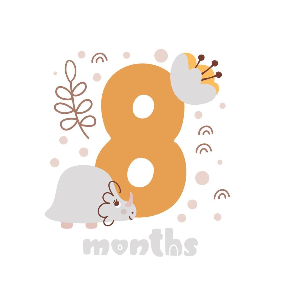 8 eight months anniversary card. Baby shower print with cute animal dino and flowers capturing all special moments. Baby milestone card for newborn girl vector