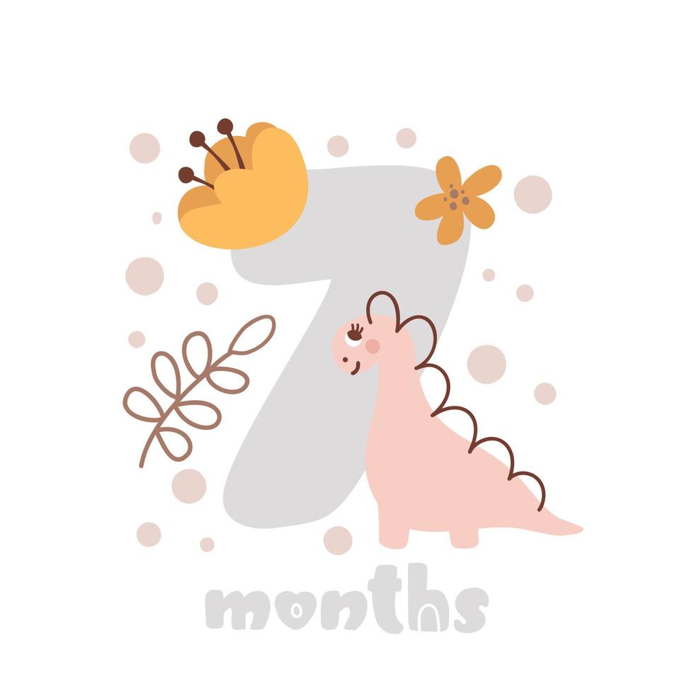 7 tarjeta de aniversario de siete meses. estampado de baby shower con lindos animales dino y flores que capturan todos los momentos especiales. tarjeta de hito de bebé para niña recién nacida vector