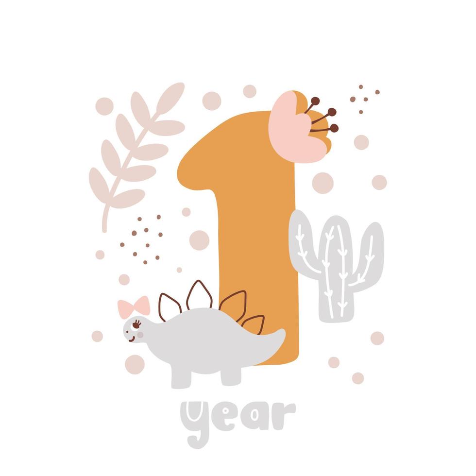 Tarjeta de aniversario de 1 año. estampado de baby shower con lindos animales dino y flores que capturan todos los momentos especiales. tarjeta de hito de bebé para niña recién nacida vector