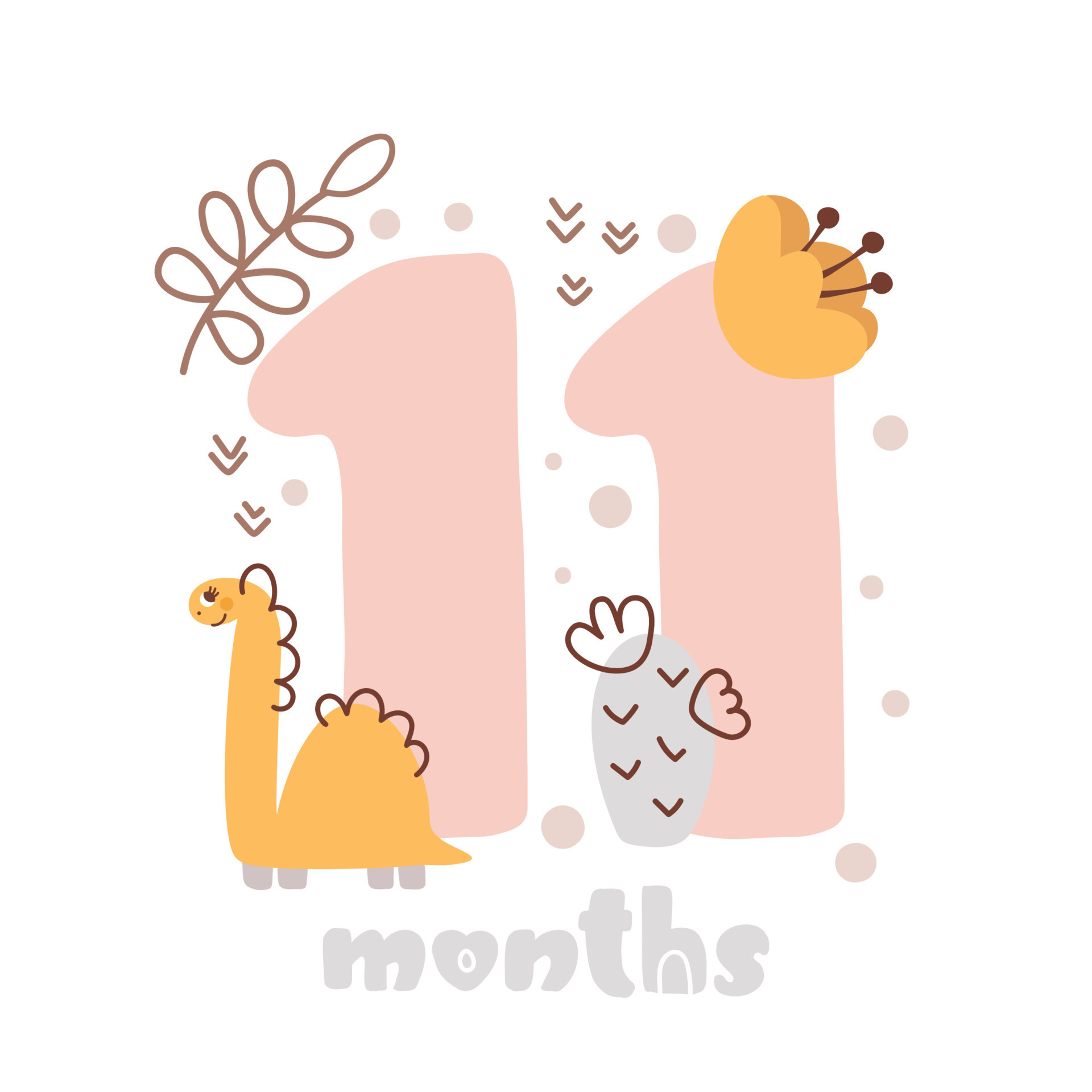 11 eleven months anniversary card. Baby shower print with cute animal dino  and flowers capturing all special moments. Baby milestone card for newborn  girl 9111369 Vector Art at Vecteezy