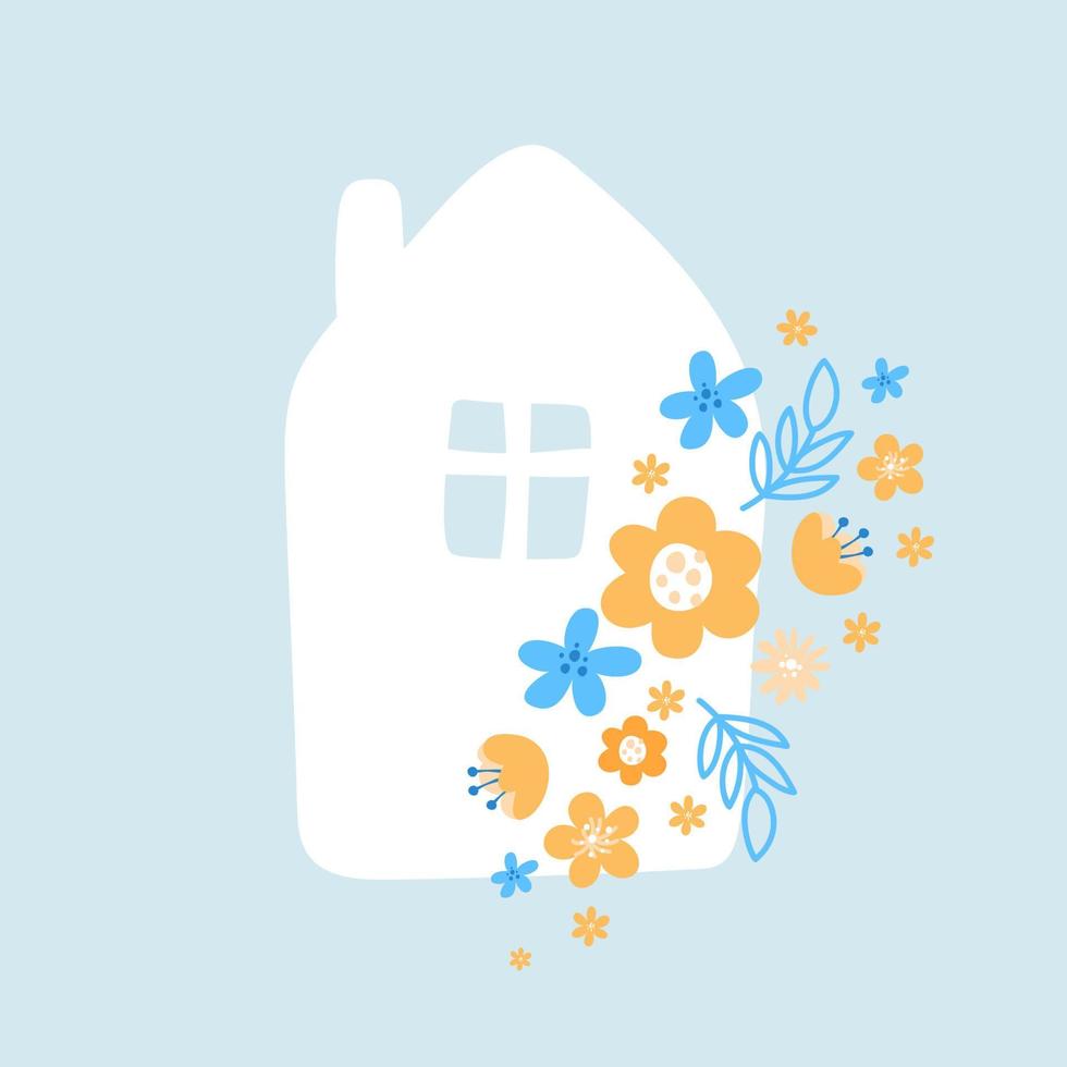 Vector house of Ukraine with flowers on blue background. Stop War in my home concept illustration. love Ukrainian people. Save Ukraine from Russia