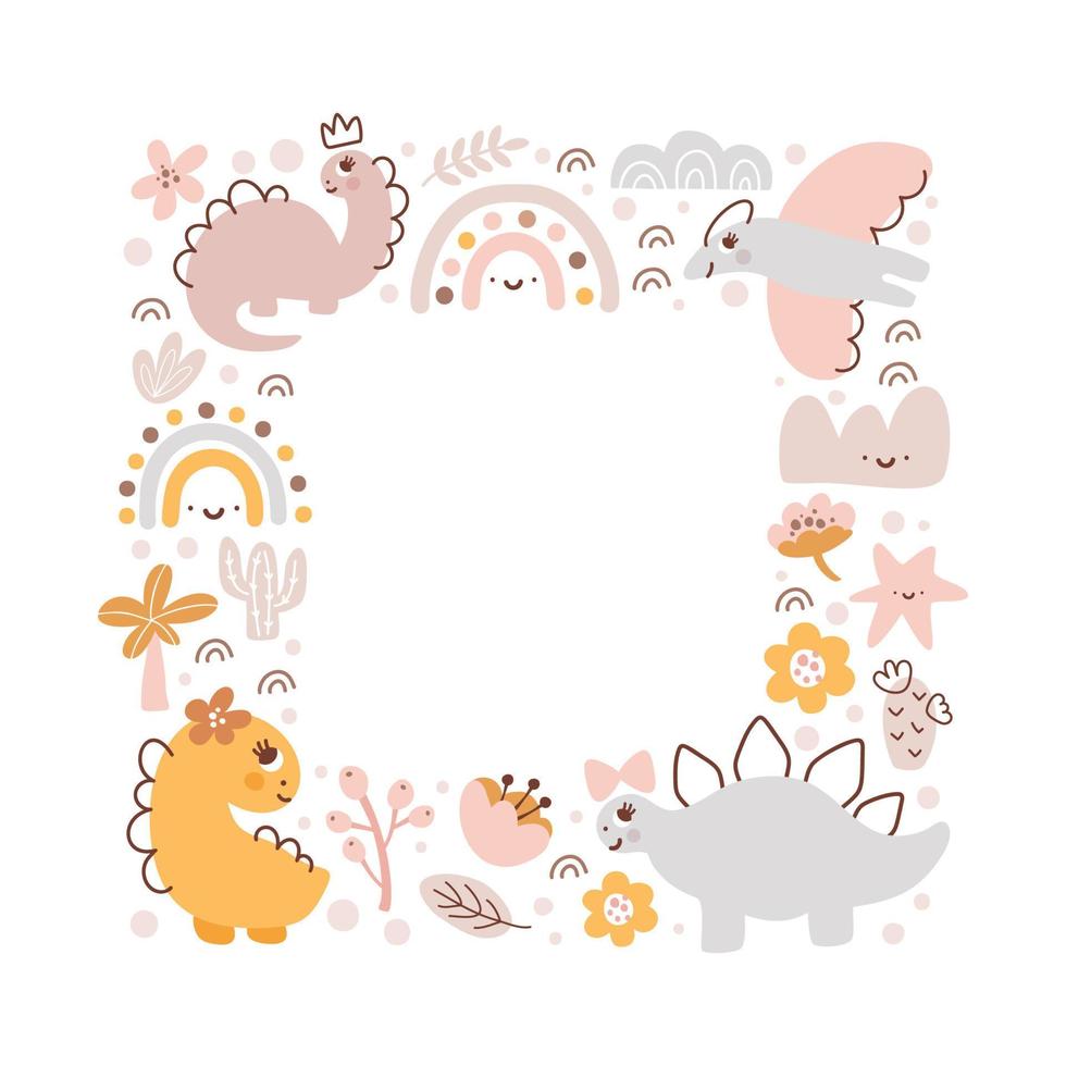 Square Vector dino girl frame with dinosaurs and hand drawn flowers, palm, rainbow and cactus with place for your text. Greeting card, poster design scandinavian element