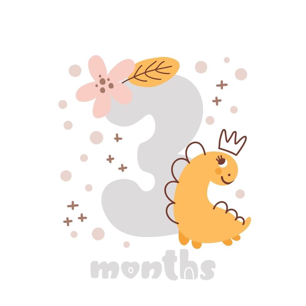 3 three months Baby month anniversary card. Baby shower print with cute animal dino and flowers capturing all special moments. Baby milestone card for newborn girl vector