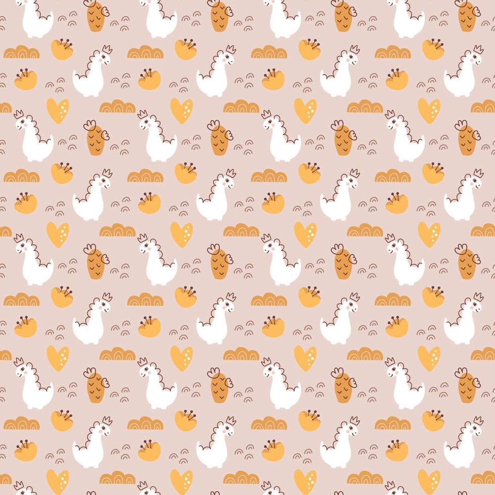 Hand drawn cute dinosaurs seamless pattern. Children pattern with girl dino princess, cactus, flowers for fashion clothes, shirt, fabric. Scandinavian kids design vector