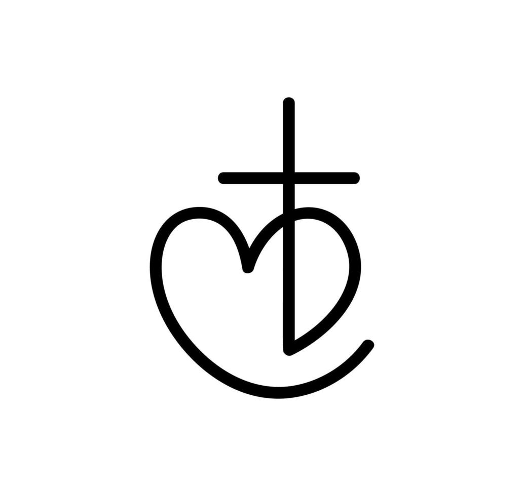 Monoline black Vector Christian logo Heart with Cross. Isolated on Background. Hand Drawn Minimalistic religion icon symbol love