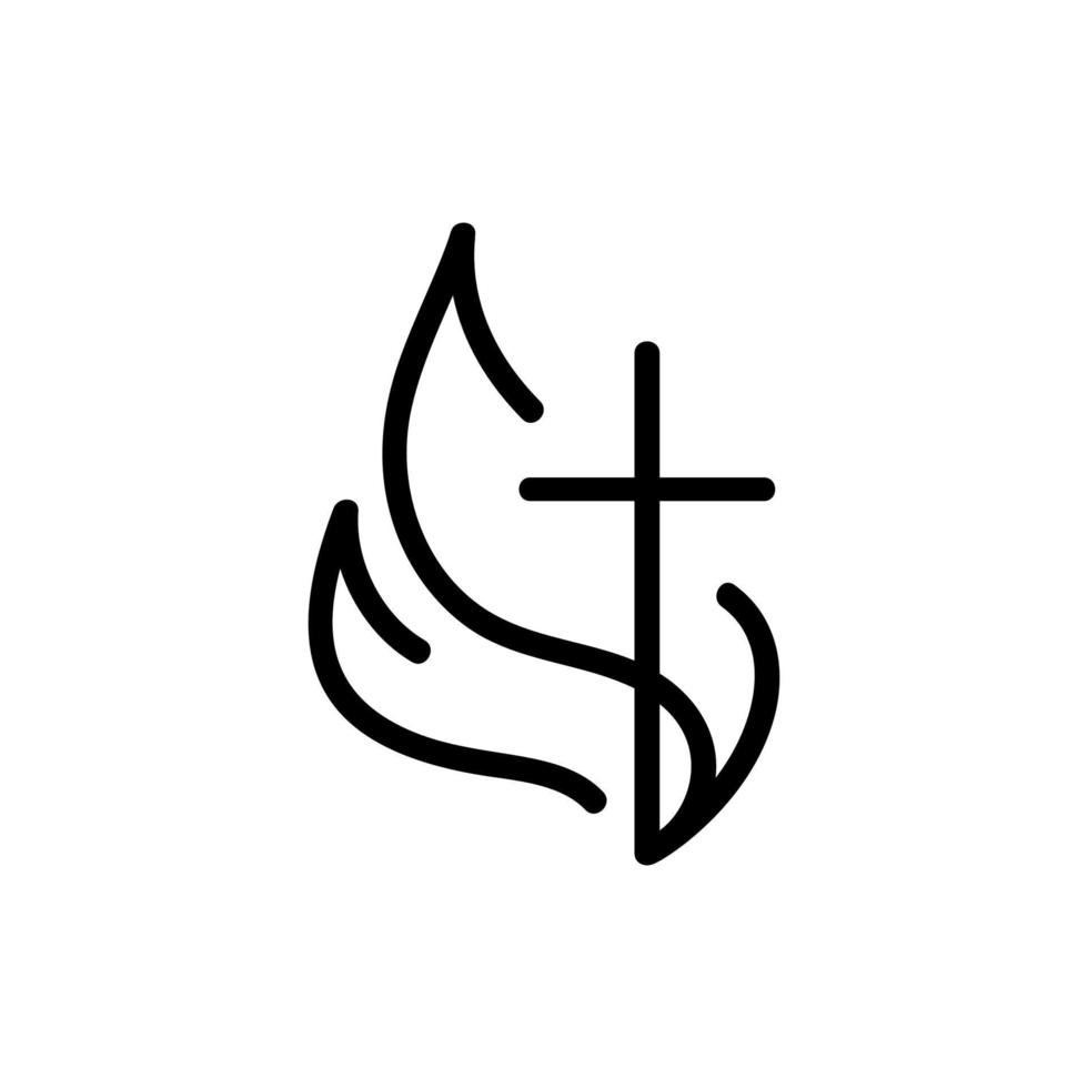 Vector Christian logo monoline Heart with Cross and fire on a White Background. Hand Drawn Calligraphic symbol. Minimalistic religion icon