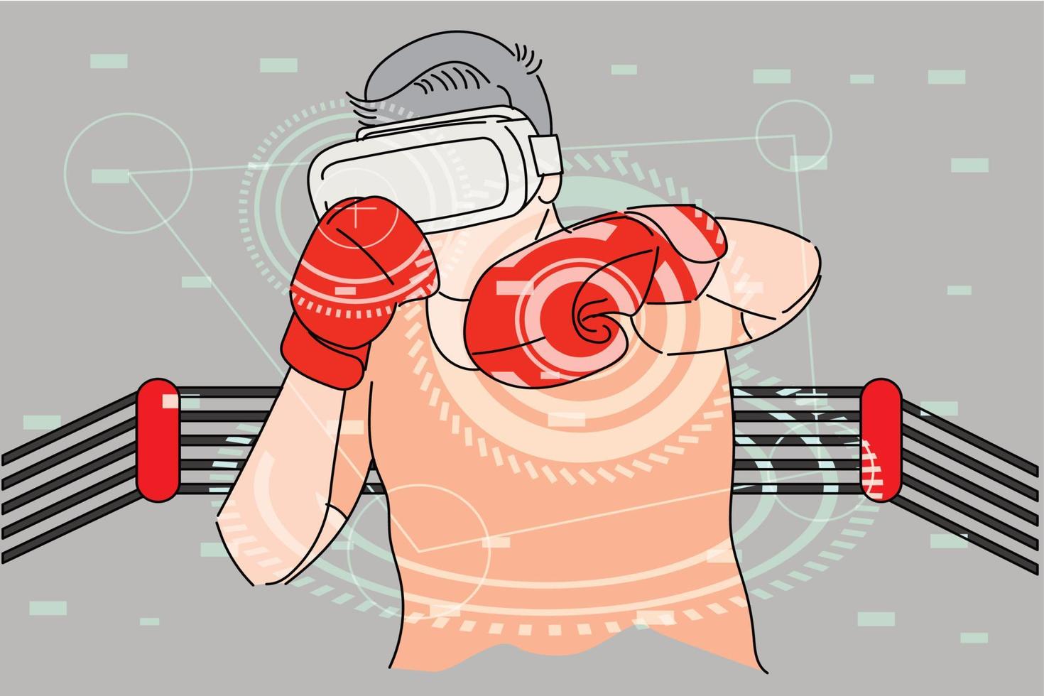 Casual kid boxing in the virtual ring with virtual reality. Flat design illustration vector