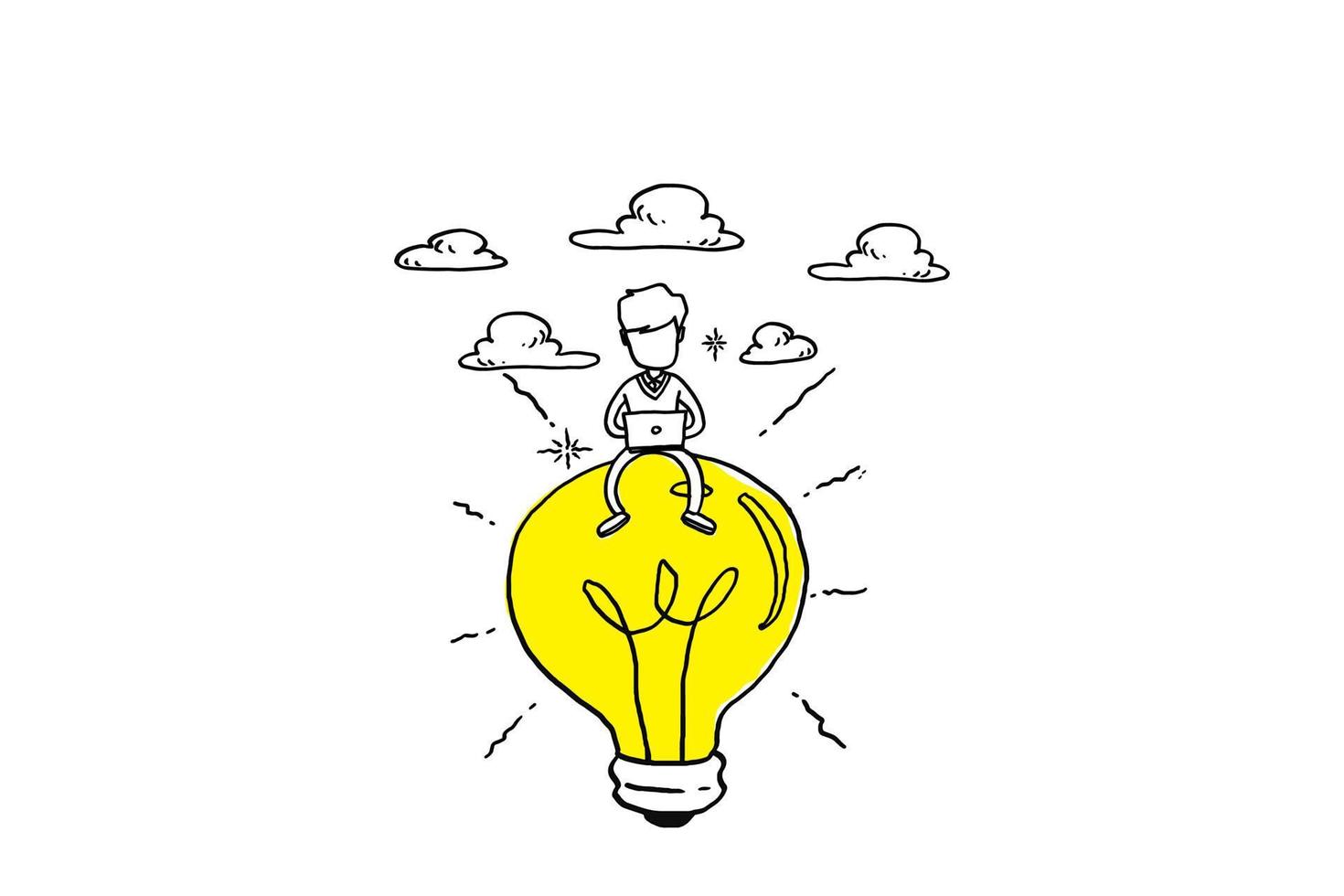 Man sitting on big bright light bulb using his laptop. Cartoon vector illustration design