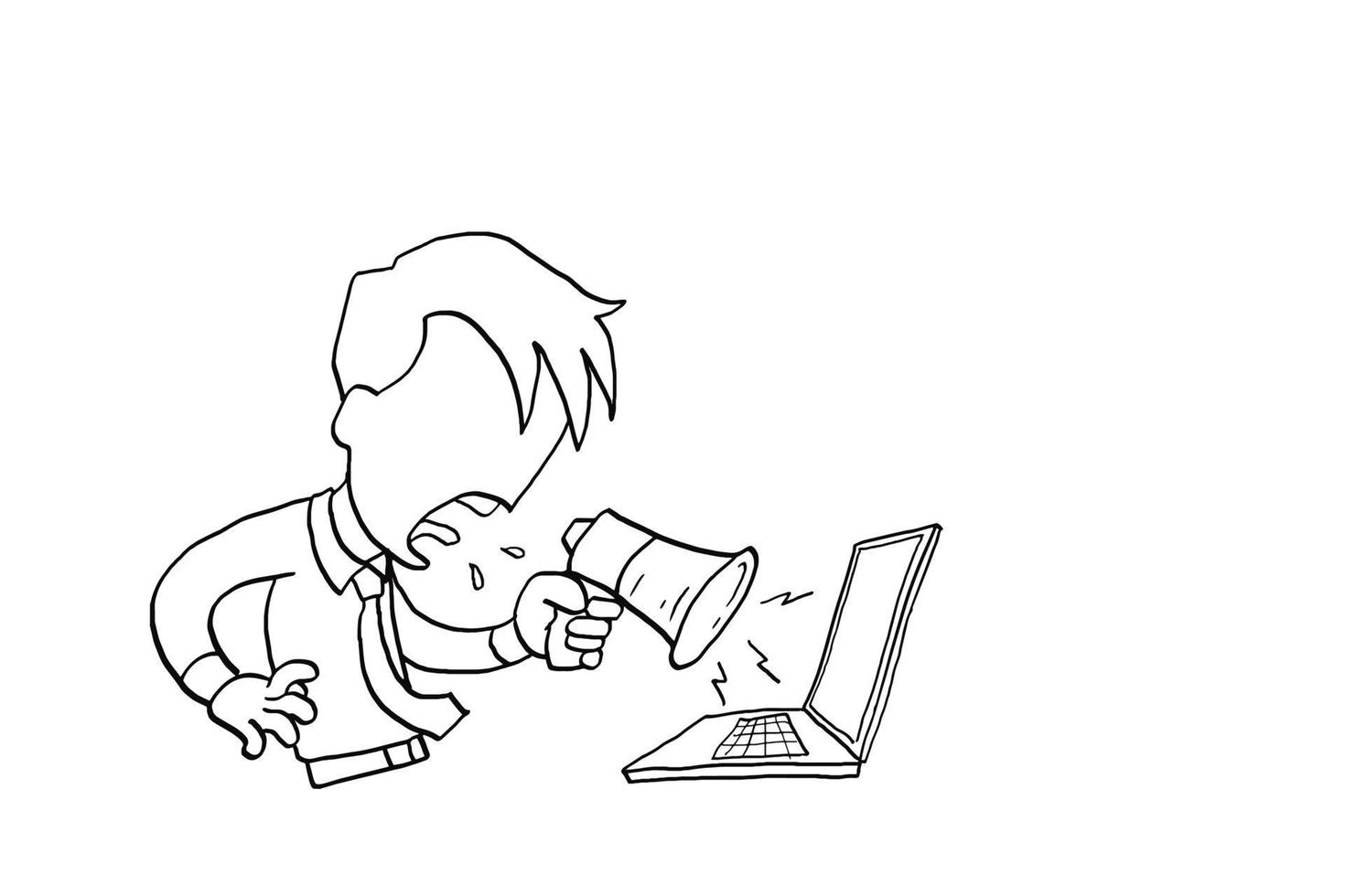 Businessman Boss shouting with megaphone to the screen of laptop. Cartoon vector illustration design