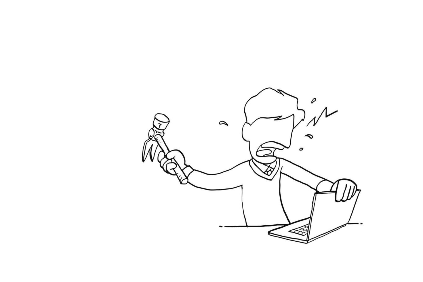 Frustated worker getting angry and want to hammer down his laptop. Cartoon vector illustration design