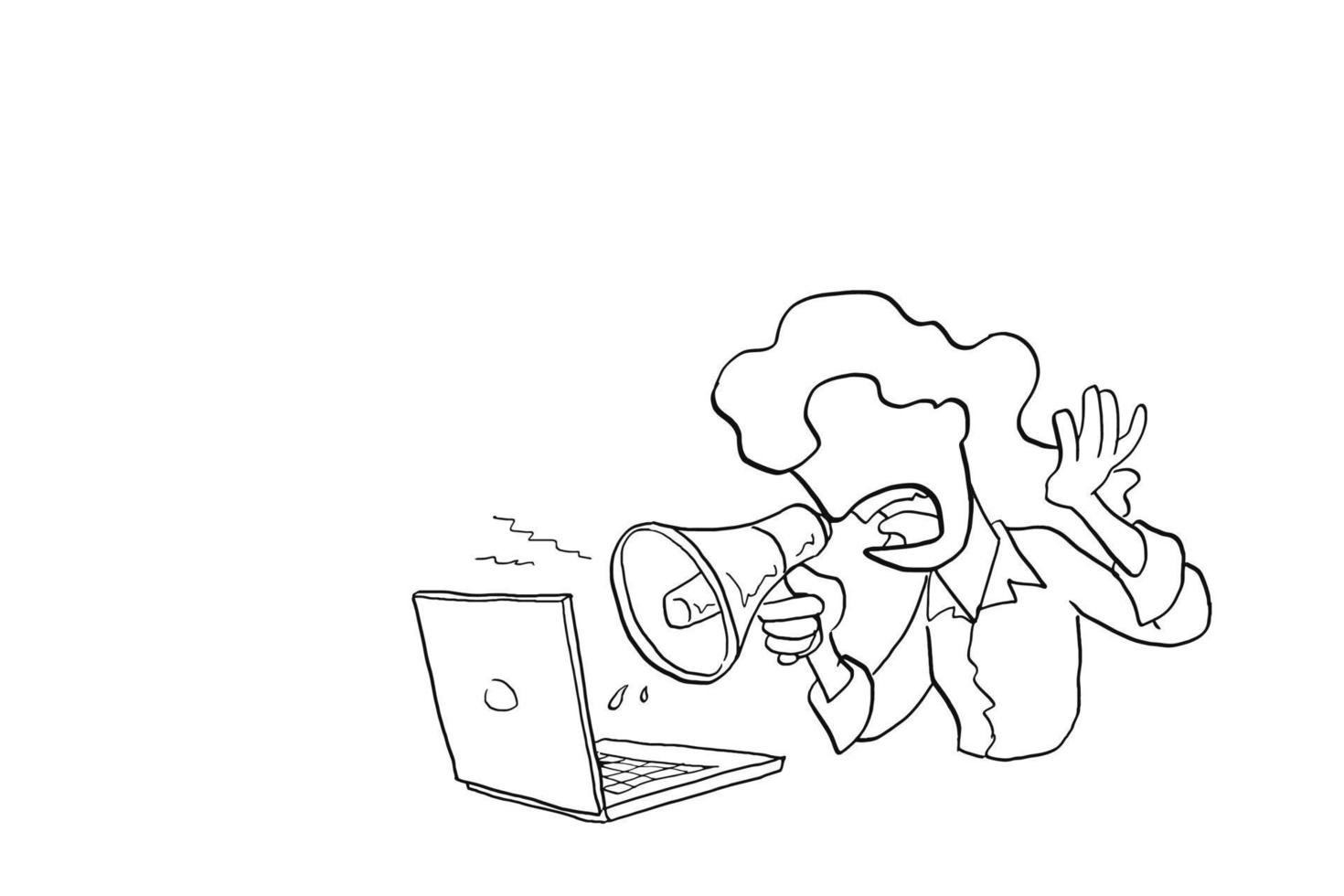 mujer de negocios grita y enojada con la computadora portátil. concepto de estrés en el trabajo. diseño de ilustración vectorial de dibujos animados vector