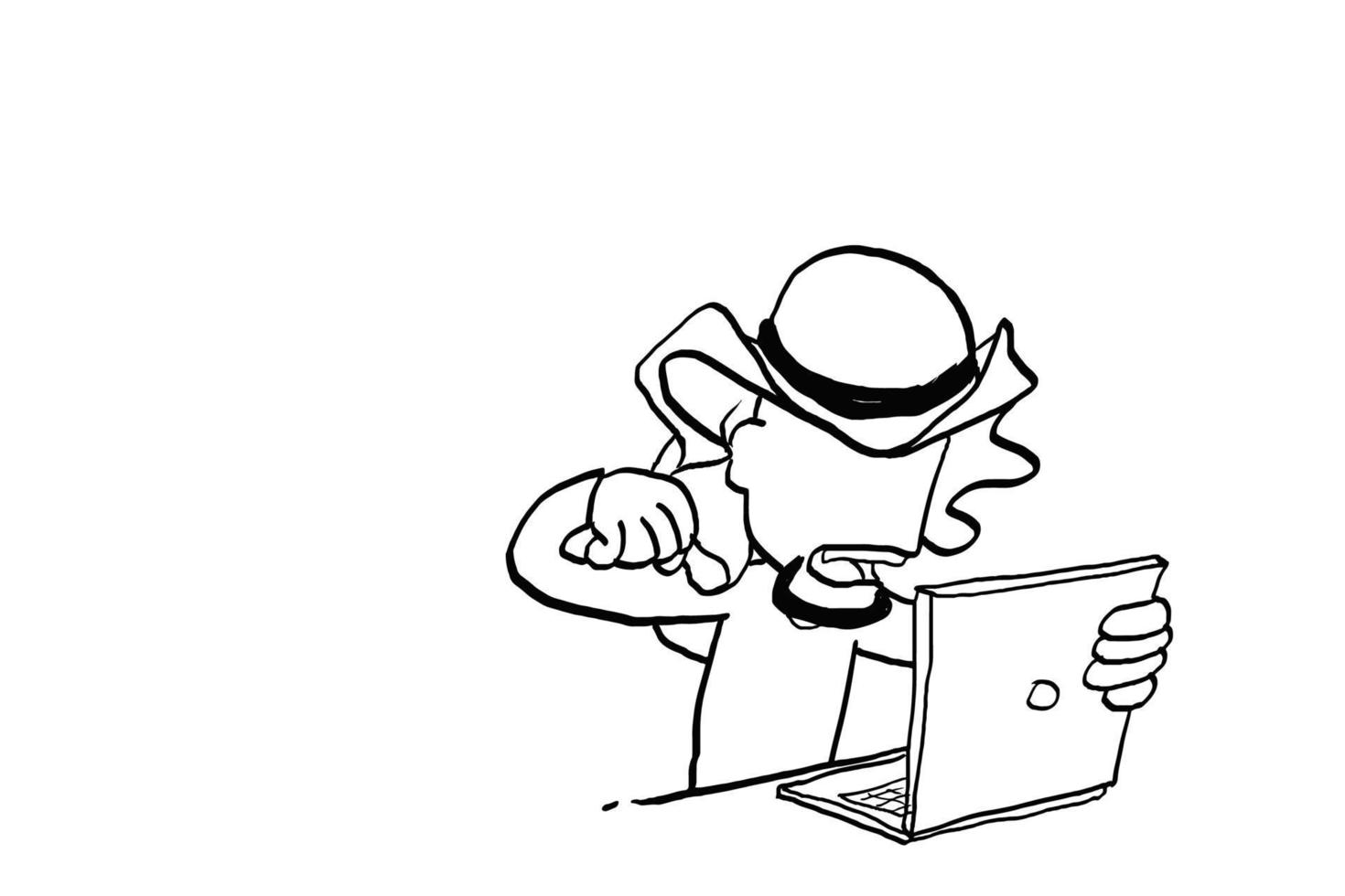 Stressed arab man try to punch his laptop. Hand drawn vector illustration design.