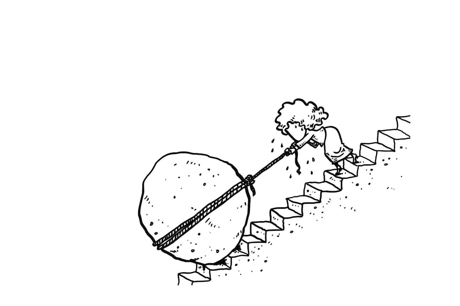 mujer de negocios tirando de una gran roca arriba. concepto de trabajo duro. diseño de ilustración vectorial de dibujos animados vector