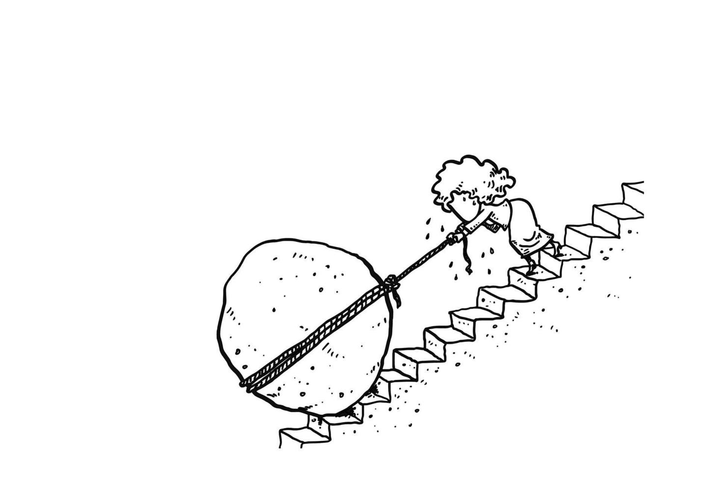 Businesswoman pulling big boulder upstair. concept of hardwork. Cartoon vector illustration design