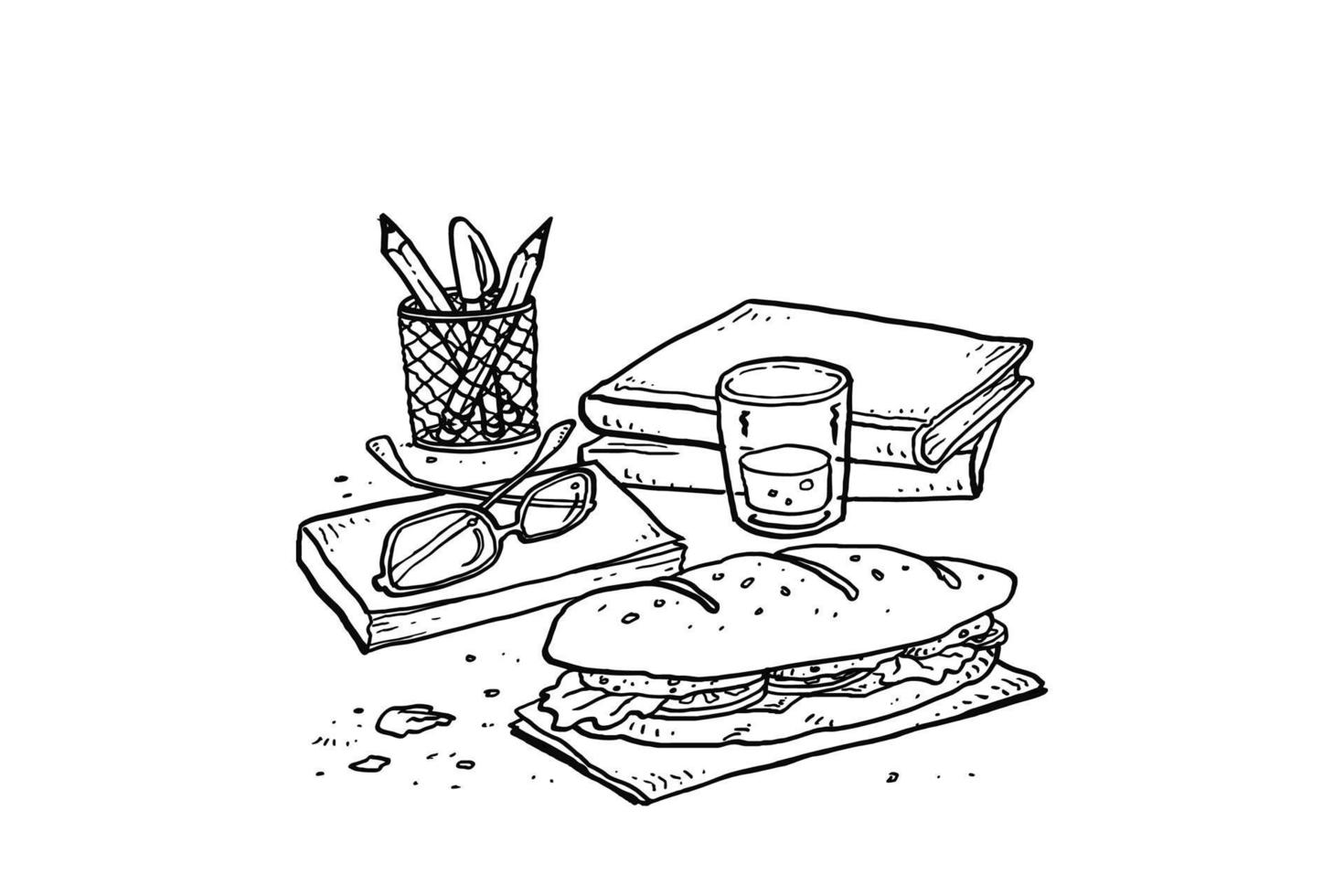 Food on office desk. Sandwich with ham, cheese, salad and tomatoes on work place. Cartoon vector illustration design