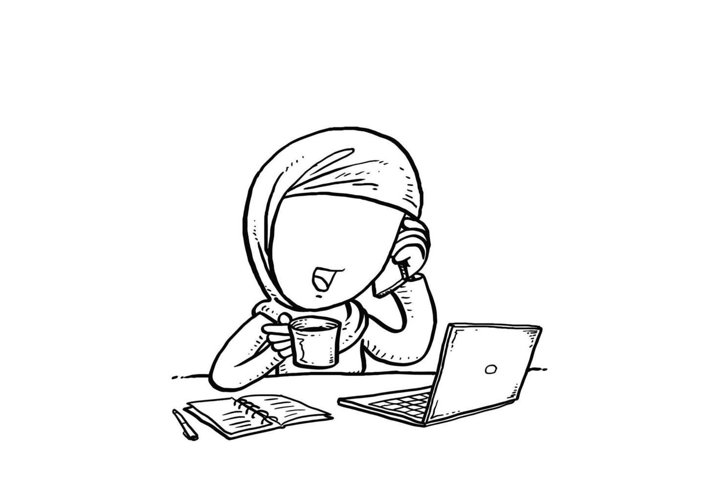 Cheerful asian muslim business woman sipping coffee on her desk while receiving call. Cartoon vector illustration design