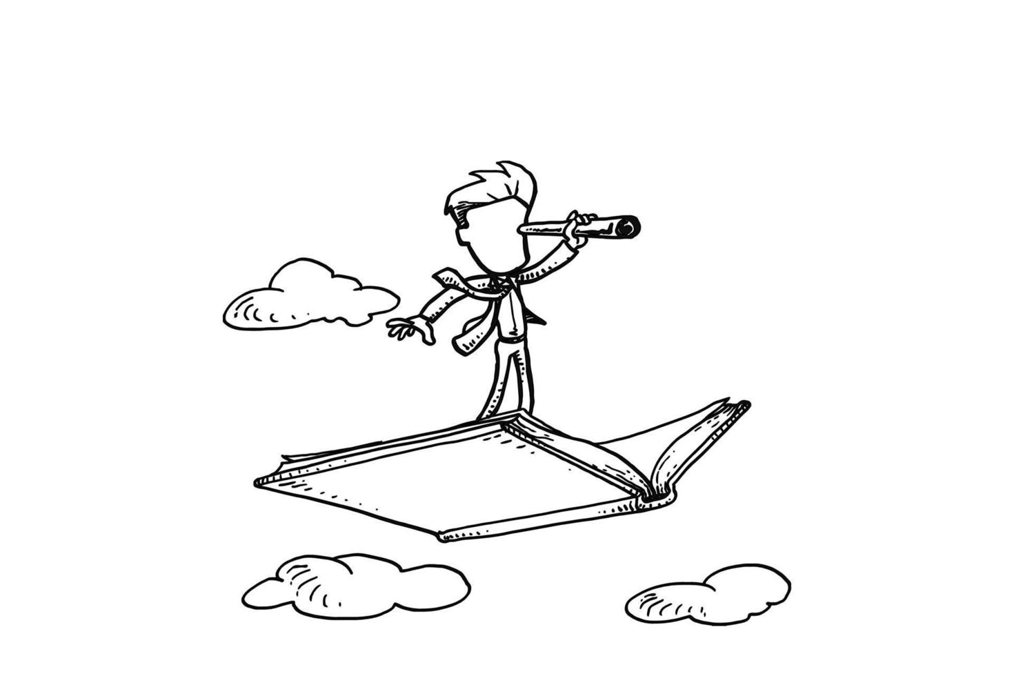 Male entrepreneur on flying book using telescope for searching opportunity. Business vision and knowledge concept. Hand drawn vector illustration design