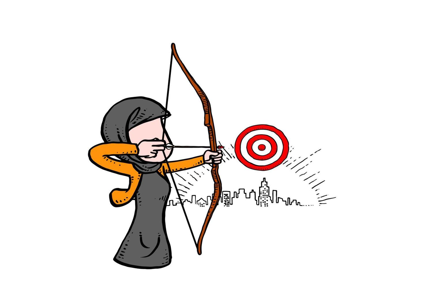 Asian business entrepreneur aiming the target. Concept for goal setting. Cartoon vector design with isolated background