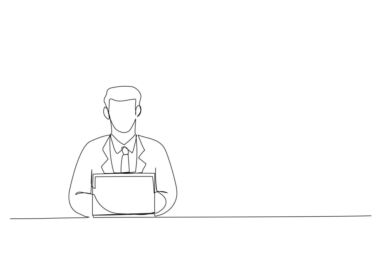 Cartoon of focused millennial business man using laptop at table. Young entrepreneur, using compute at home office workplace. Continuous line design style vector