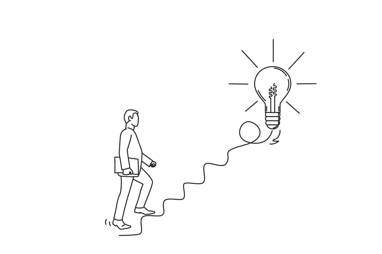 Drawing of businessman start walking on electricity line as stairway to big idea lightbulb vector