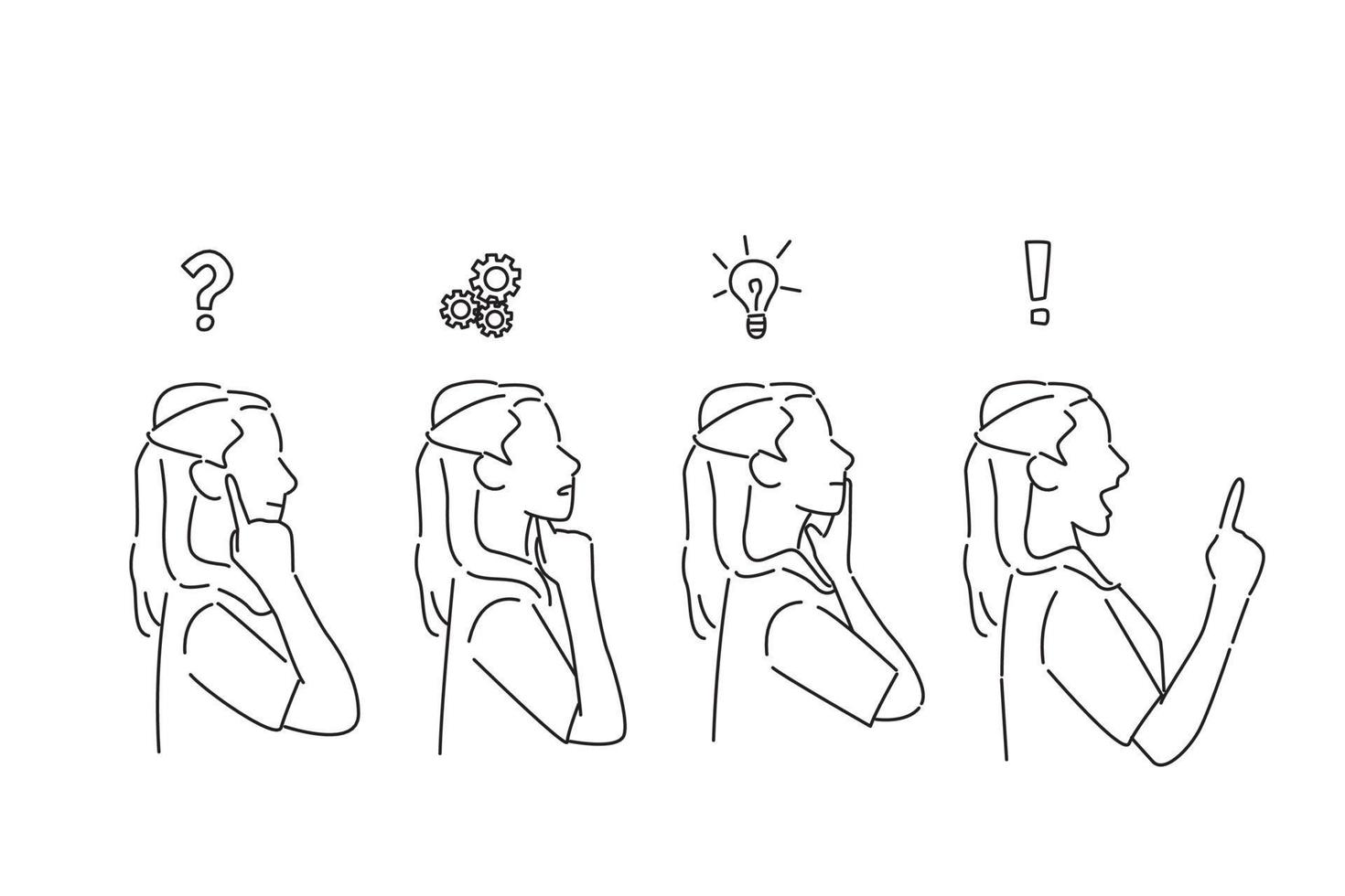 Illustration of Side view sequence of a woman thoughtful, thinking, finding solution with gear mechanism vector