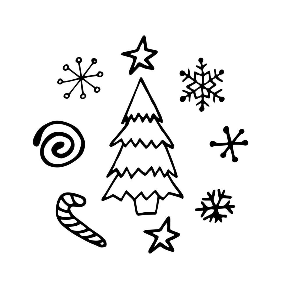 Christmas doodle tree. Illustration hand-drawn by liner. The simple fir tree for New Year, cozy winter, Christmas. vector