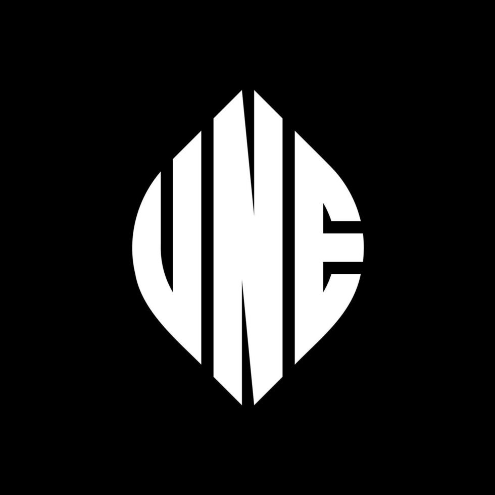 UNE circle letter logo design with circle and ellipse shape. UNE ellipse letters with typographic style. The three initials form a circle logo. UNE Circle Emblem Abstract Monogram Letter Mark Vector. vector
