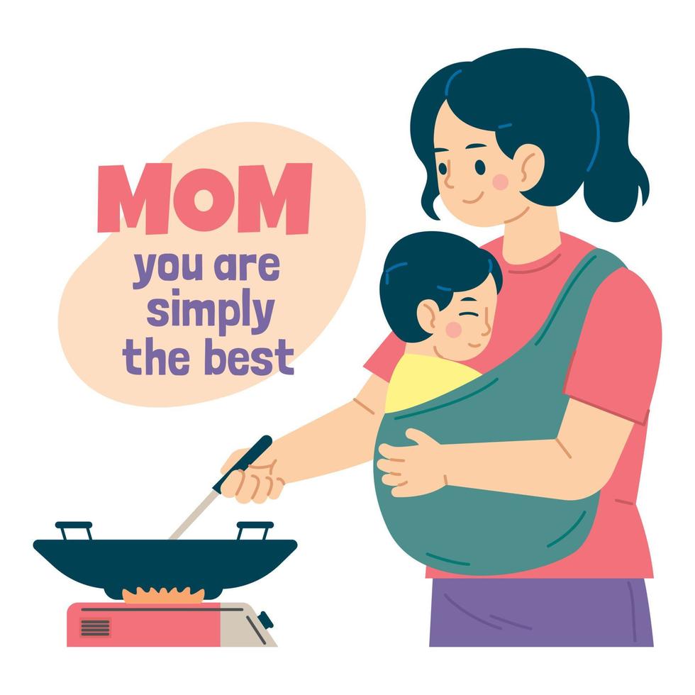 madre sosteniendo a su hijo mientras cocina vector