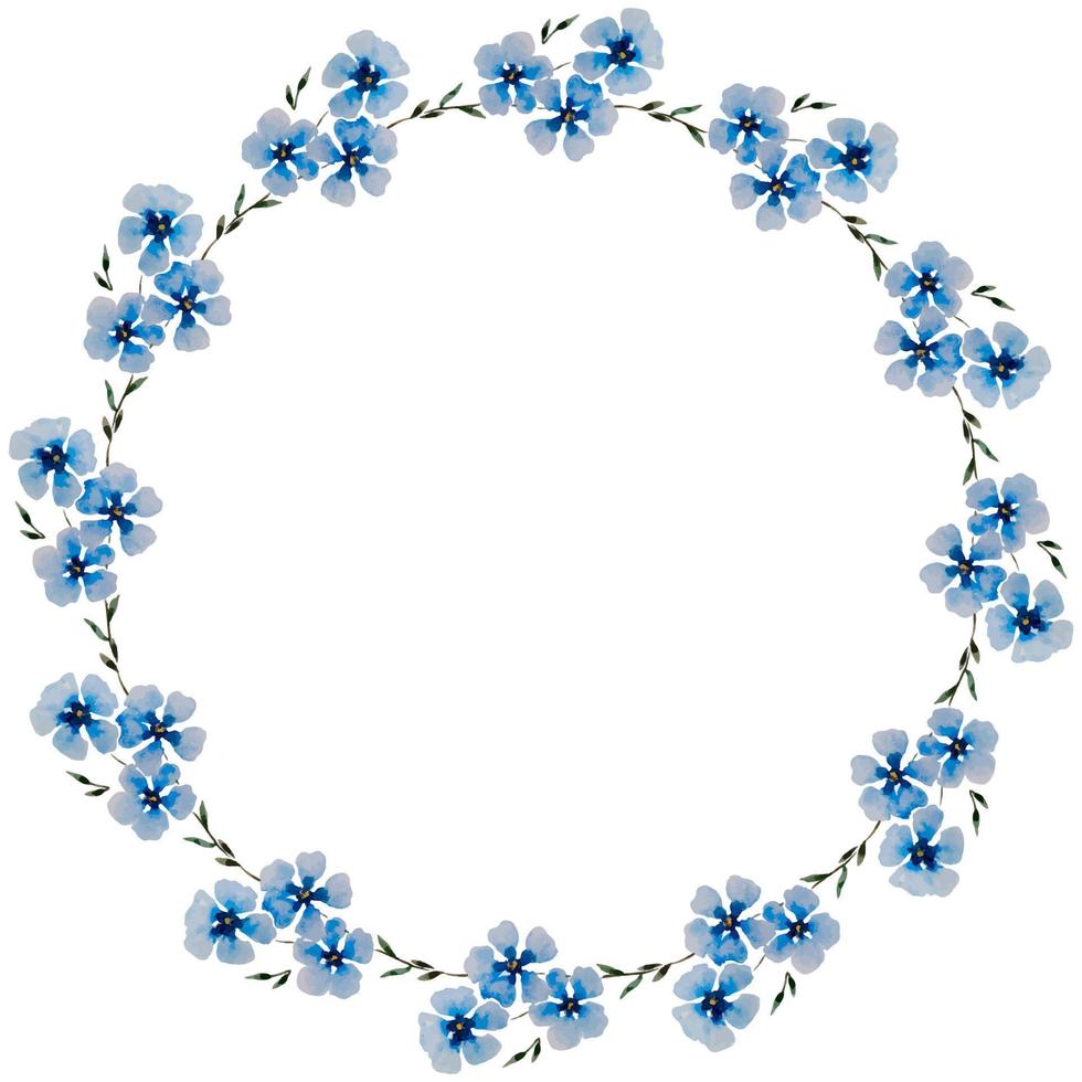 Round Watercolor Wreath With Blue Flowers On A White Background. vector