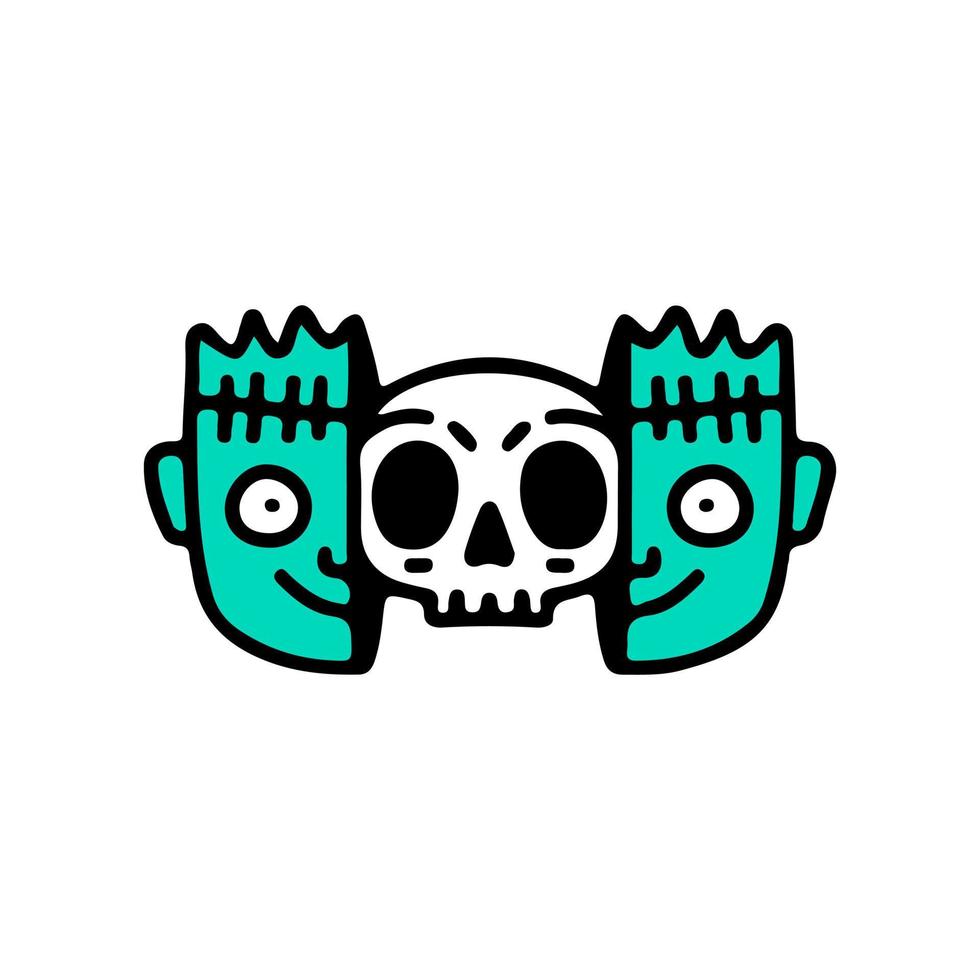 Two half of Frankenstein face with skull head inside. Illustration for t shirt, poster, logo, sticker, or apparel merchandise. vector