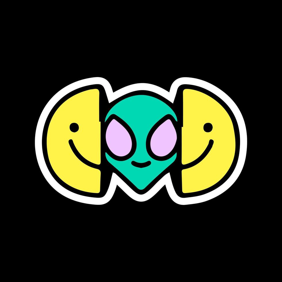 Two half of smile face with alien head inside. Illustration for t shirt, poster, logo, sticker, or apparel merchandise. vector