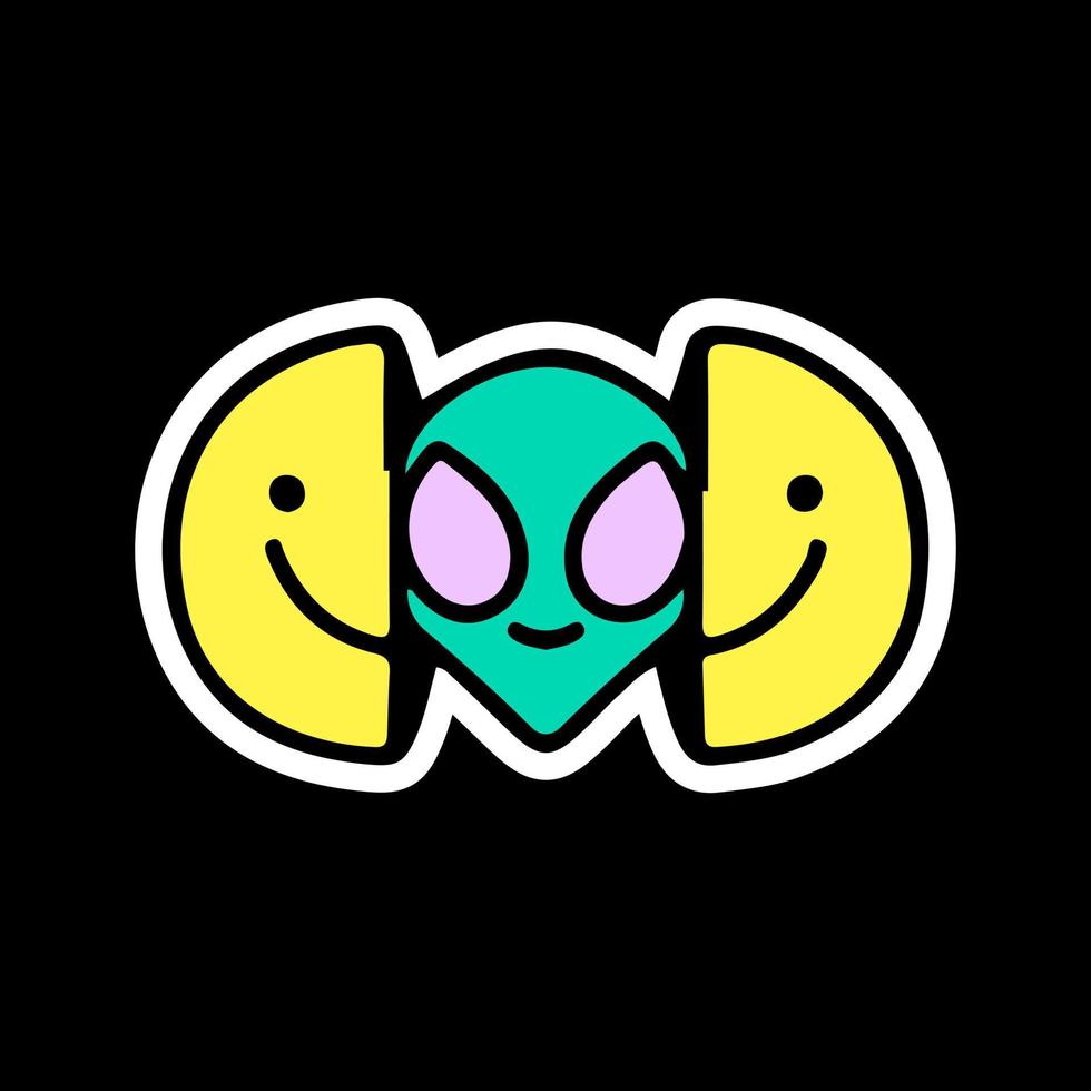 dos mitades de cara sonriente con cabeza alienígena dentro. ilustración para camisetas, afiches, logotipos, pegatinas o prendas de vestir. vector