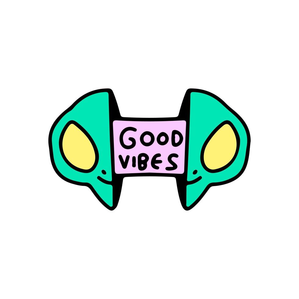 Two half of alien face with good vibes typography inside. Illustration for t shirt, poster, logo, sticker, or apparel merchandise. vector