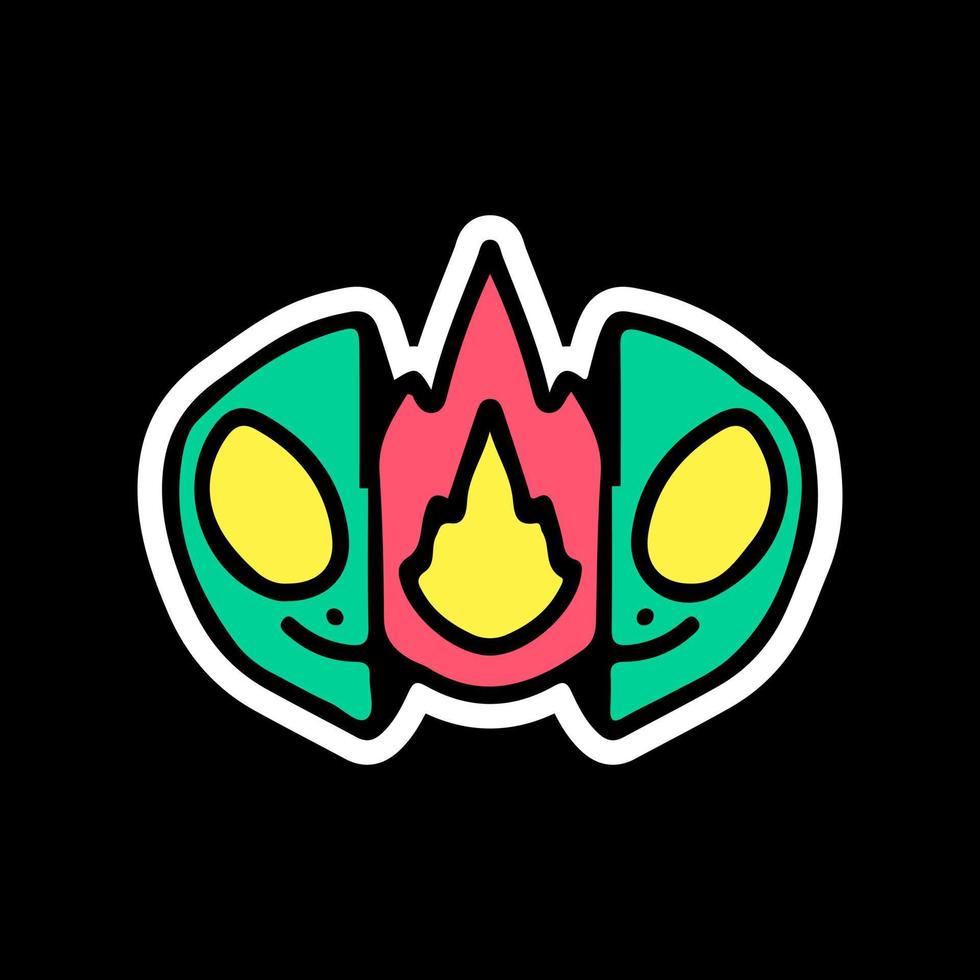 dos mitades de cara alienígena con fuego dentro. ilustración para camisetas, afiches, logotipos, pegatinas o prendas de vestir. vector