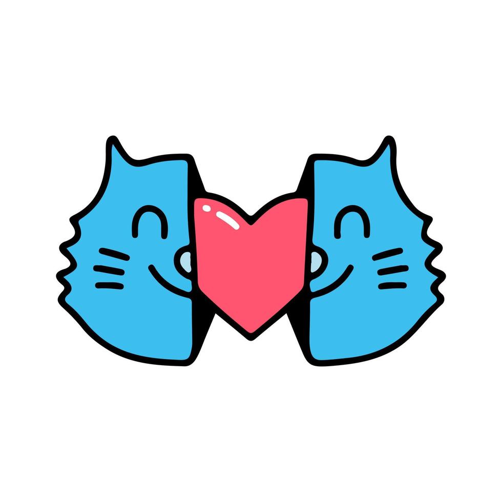 dos mitades de cara de gato con corazón dentro. ilustración para camisetas, afiches, logotipos, pegatinas o prendas de vestir. vector