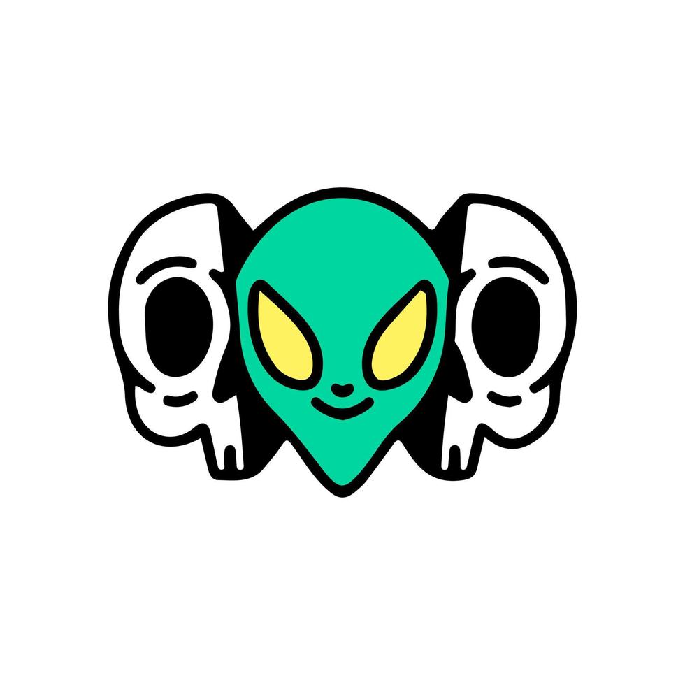 Two half of skull face with alien inside. Illustration for t shirt, poster, logo, sticker, or apparel merchandise. vector