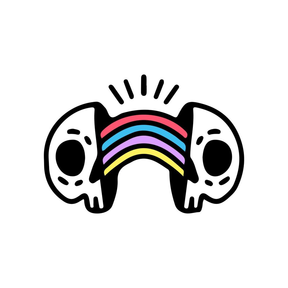 Two half of skeleton face with rainbow inside. Illustration for t shirt, poster, logo, sticker, or apparel merchandise. vector
