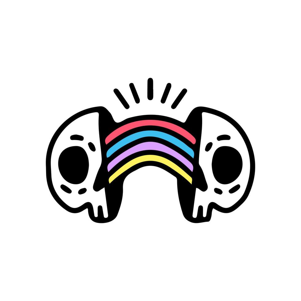 dos mitades de cara de esqueleto con arco iris dentro. ilustración para camisetas, afiches, logotipos, pegatinas o prendas de vestir. vector