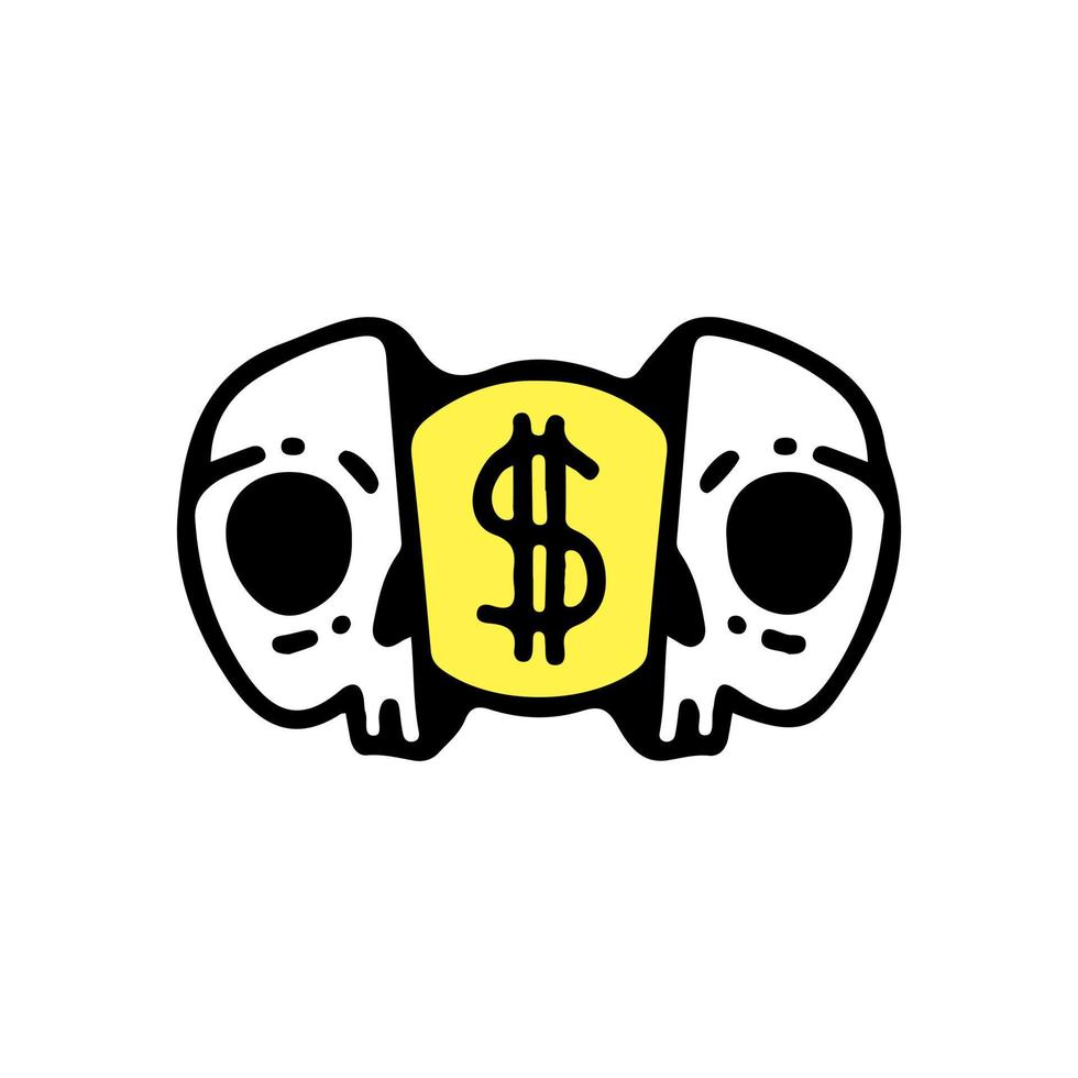 Two half of skeleton face with dollar coin inside. Illustration for t shirt, poster, logo, sticker, or apparel merchandise. vector