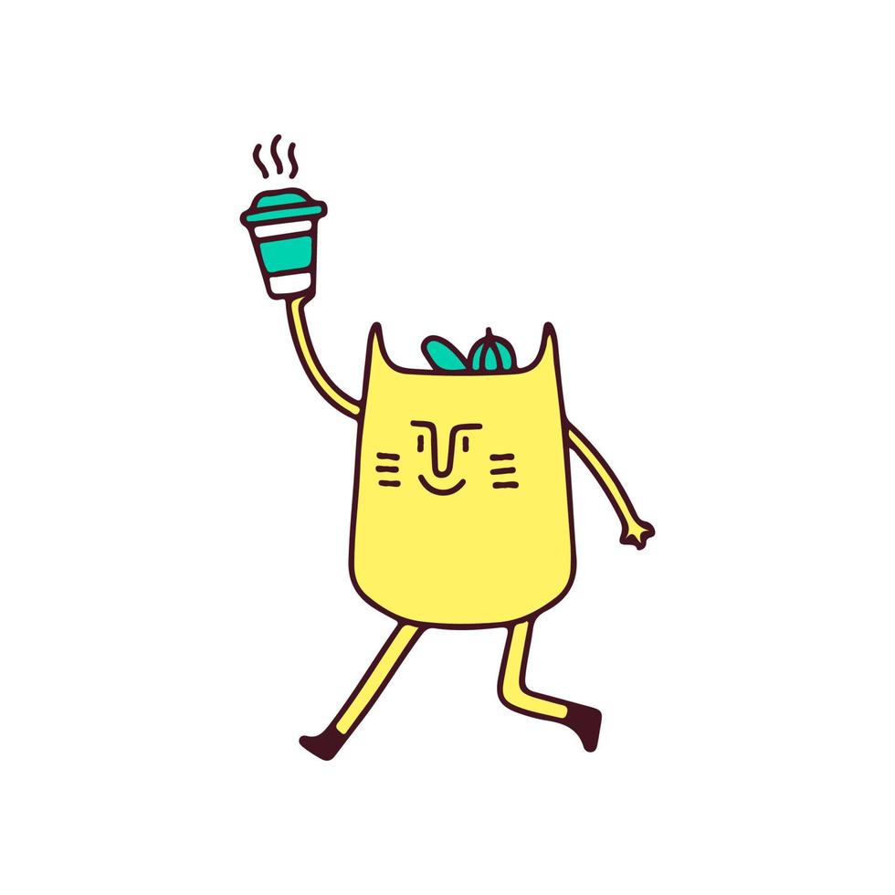 Trendy cat wearing cap and holding cup of coffee, illustration for t-shirt, poster, sticker, or apparel merchandise. With retro cartoon style vector